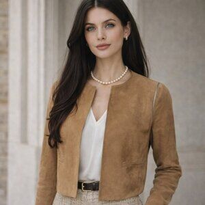 SANDRO Camel Suede Convertible Jacket Vest Calf Leather Moto Old Money Size 2